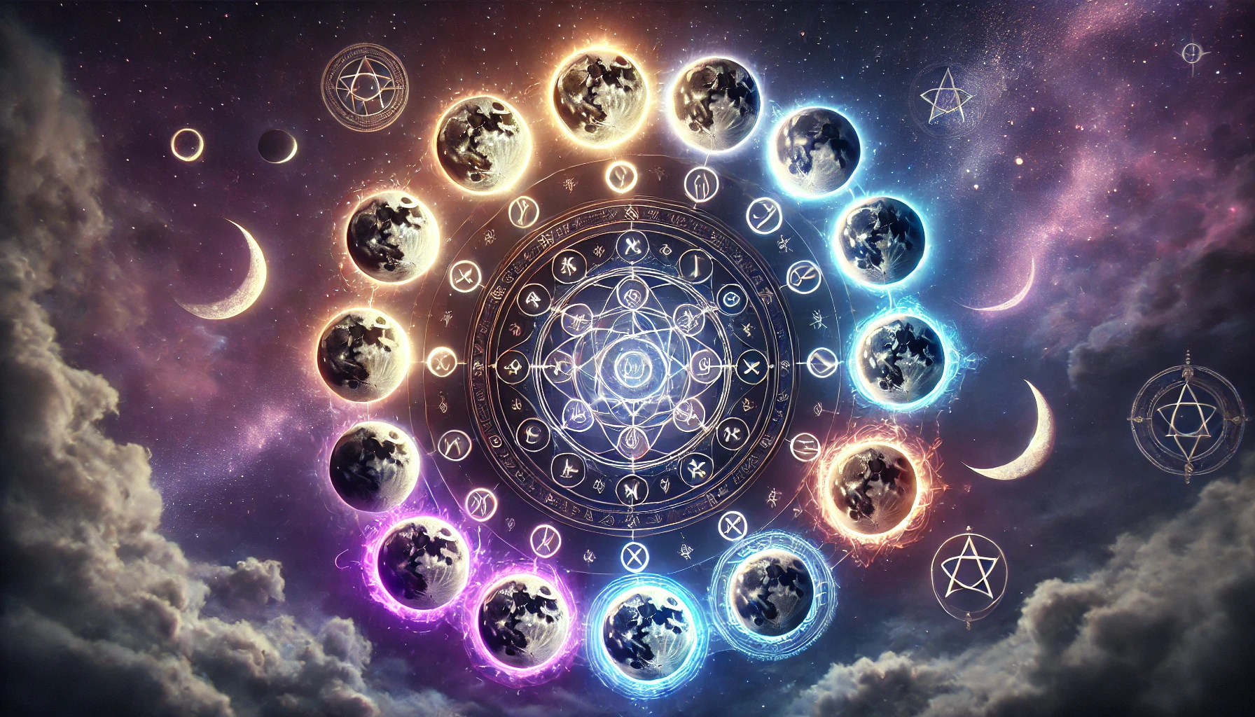 Mystische, fotorealistische Darstellung der zehn Mondphasen in der Chaosmagie, kreisförmig angeordnet und leuchtend hervorgehoben.
