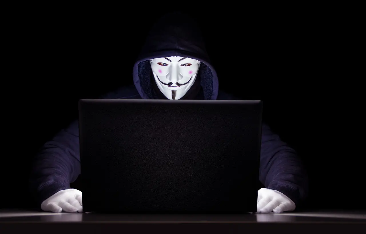 Person mit Guy-Fawkes-Maske vor einem Laptop in einem dunklen Raum, symbolisiert die Entschleierung von Illusionen und verborgenen Wahrheiten.