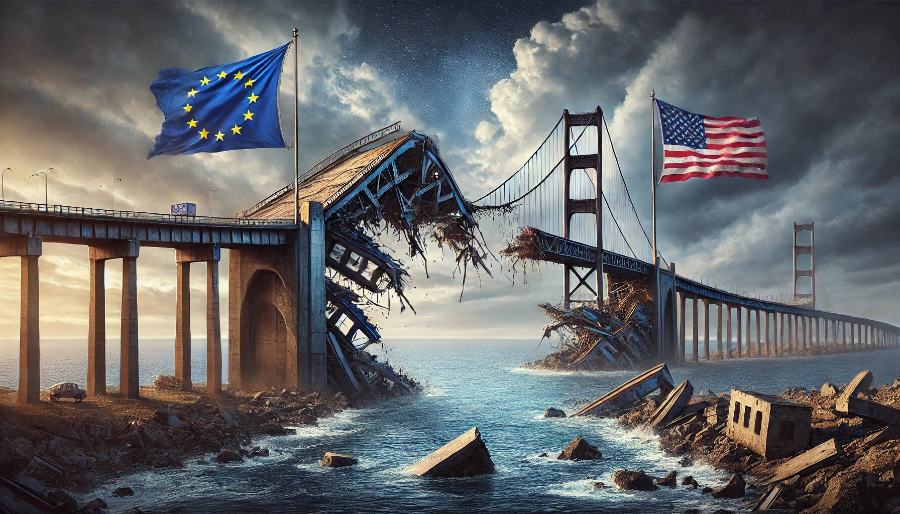 Der Bruch der Transatlantischen Brücke Symbolische Darstellung des Bruchs der transatlantischen Brücke zwischen Europa und den USA, mit klaffender Lücke und dunklem Himmel.