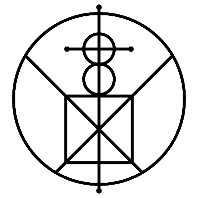 Schwarze, detaillierte Sigille mit magischen Symbolen, die Spiritualität, Transformation und individuelle Kraft repräsentiert.