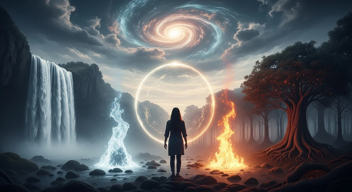 Eine Gestalt steht zwischen blauem Wasser und rotem Feuer und blickt auf eine glühende Kugel. Wasserfälle und Bäume rahmen die Szene unter einem wirbelnden Himmel ein.