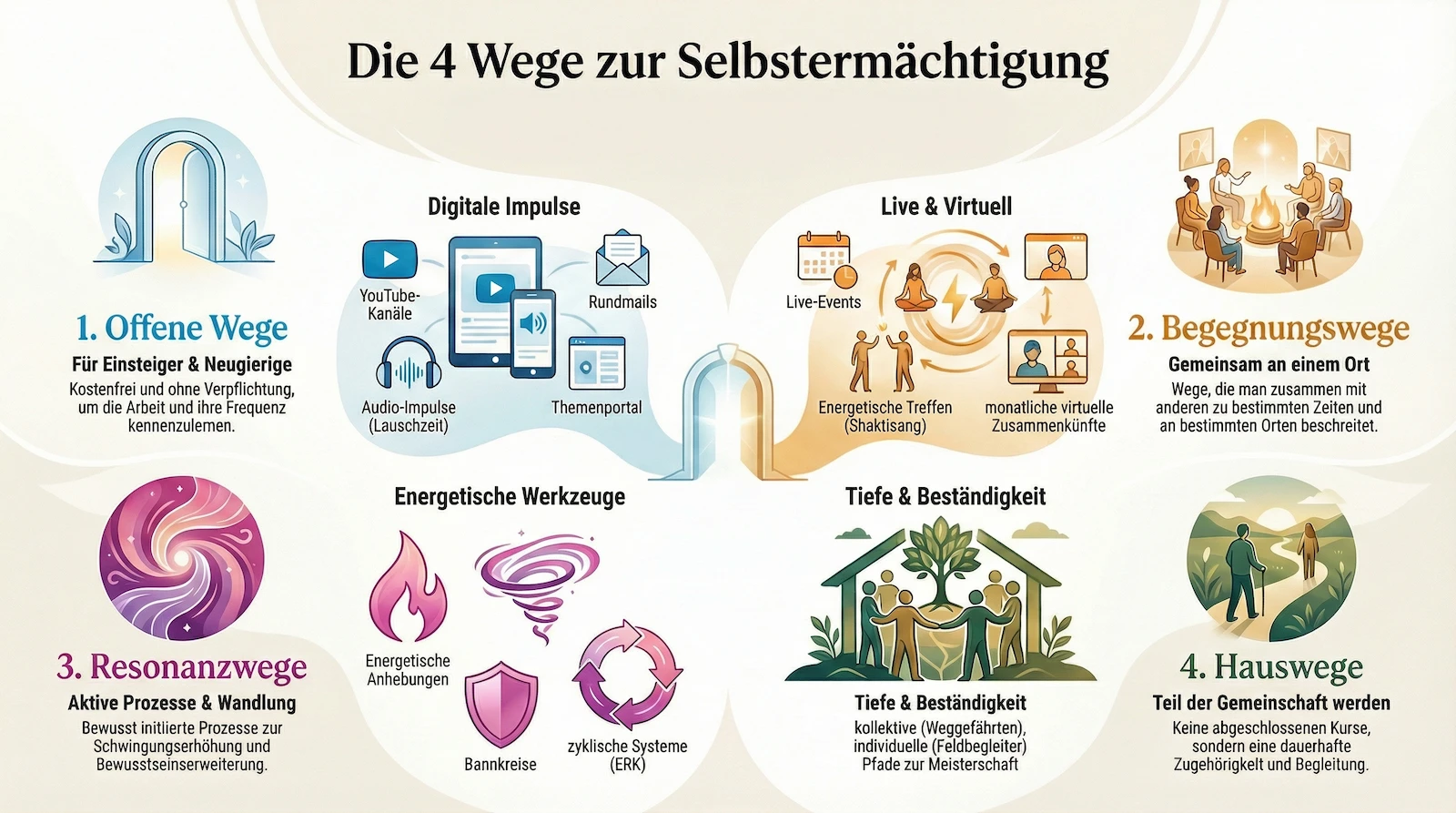 Infografik Die 4 Wege zur Selbstermächtigung: vier symbolisch dargestellte Pfade - Offenheit, Begegnung, Resonanz, Zuhause.