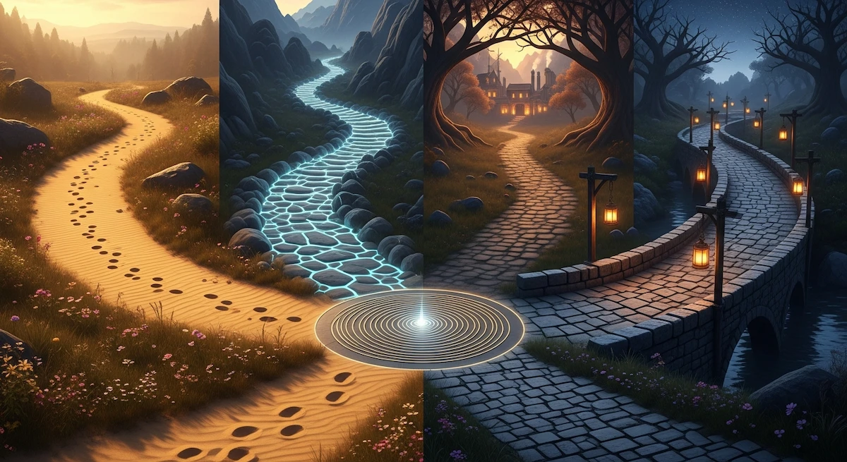 Vier Pfade entfalten sich: Fußspuren ziehen sich durch den Sand, Wasser gleitet über Steine, Laternen erhellen Kopfsteinpflaster, und eine Brücke trifft auf fernes Licht.