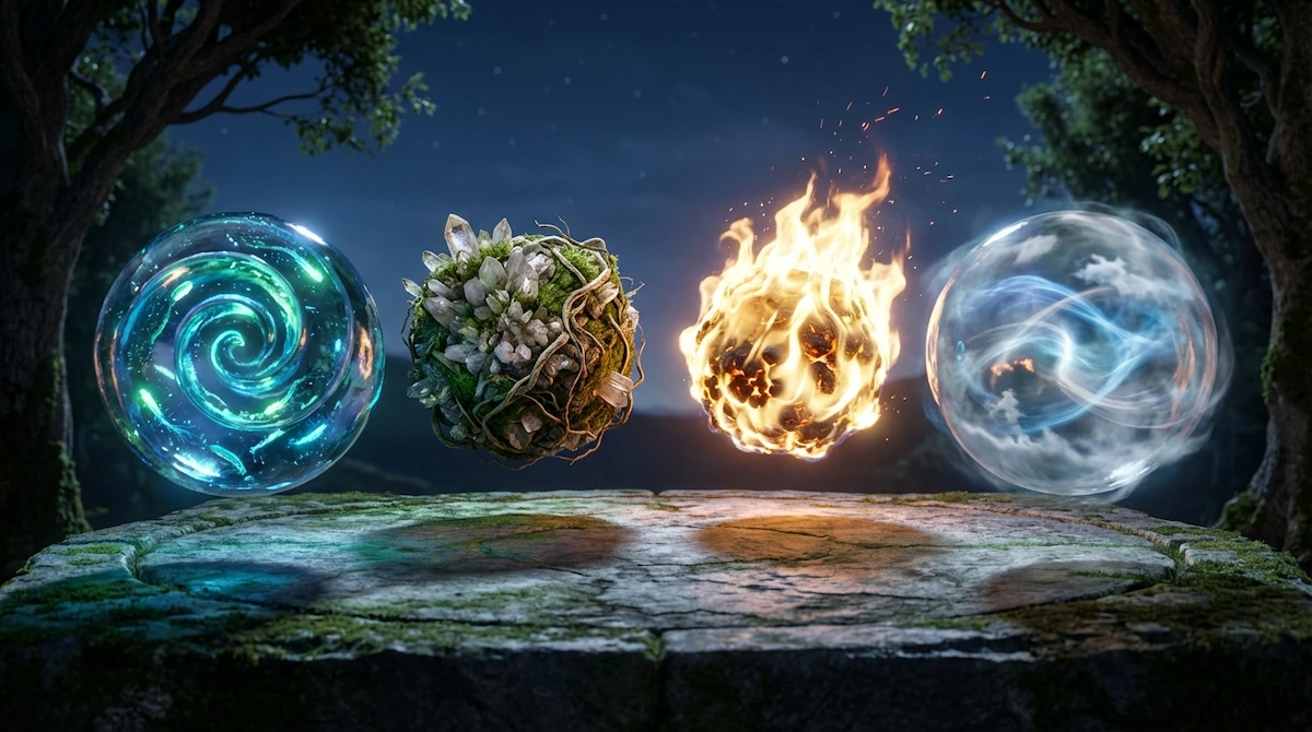 Vier Elementarkugeln - Wasser, grüne Erde, Feuer und Wind - schweben über einem moosbewachsenen Stein unter Bäumen und einem ruhigen Nachthimmel.