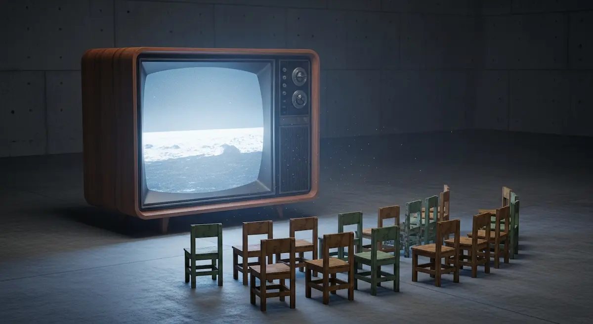 Alles Show Reihen von kleinen Holzstühlen stehen vor einem alten Fernseher, dessen schwarz-weißes Meerespanorama sanft im Halbdunkel leuchtet.