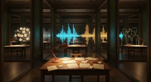 Ein hölzerner Schreibtisch mit verstreuten Papieren und einer Lampe ruht vor verspiegelten Wänden, die den Raum reflektieren und ruhige Ausbrüche von Farben und Linien zeigen.