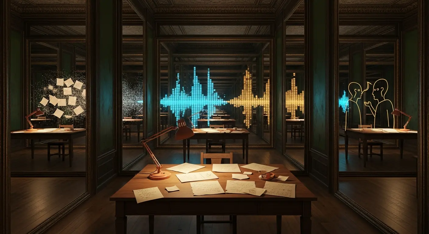 Ein hölzerner Schreibtisch mit verstreuten Papieren und einer Lampe ruht vor verspiegelten Wänden, die den Raum reflektieren und ruhige Ausbrüche von Farben und Linien zeigen.