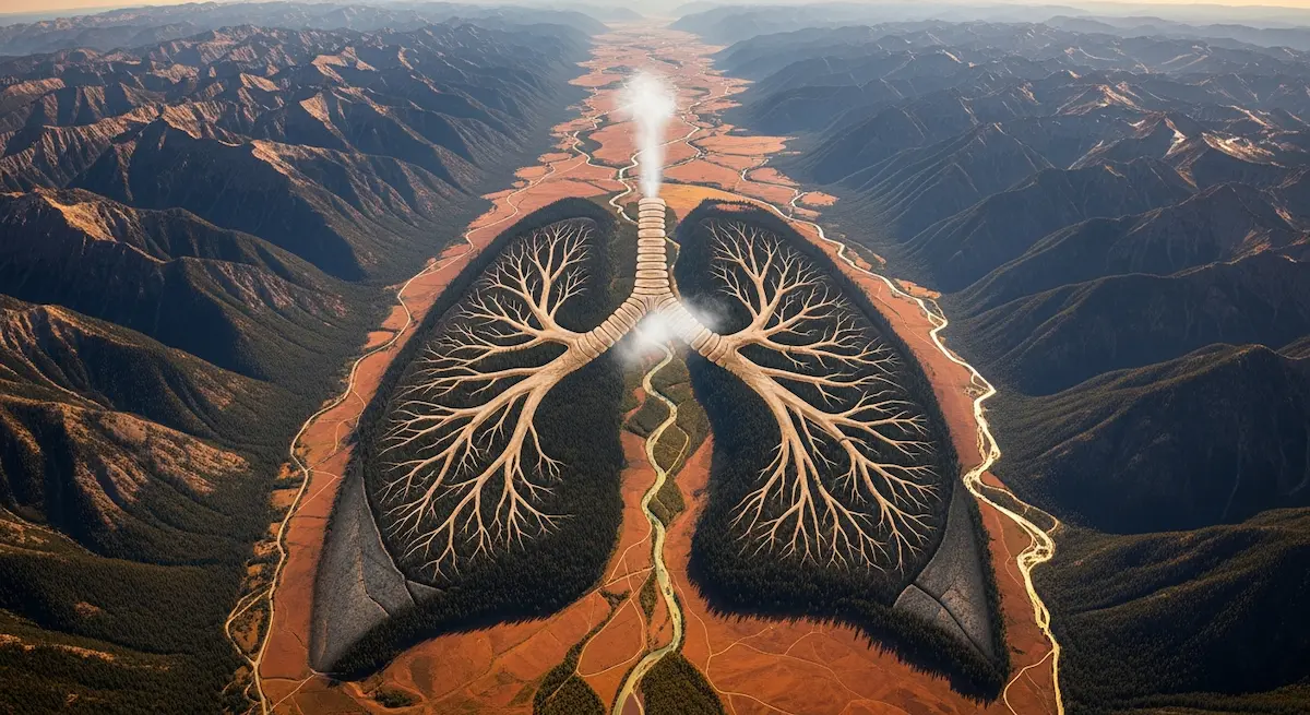 Atemreise Von oben verschlingen sich Berge und Flüsse in Form menschlicher Lungen, deren verzweigte Wege den Atem in der lebendigen Erde widerspiegeln.