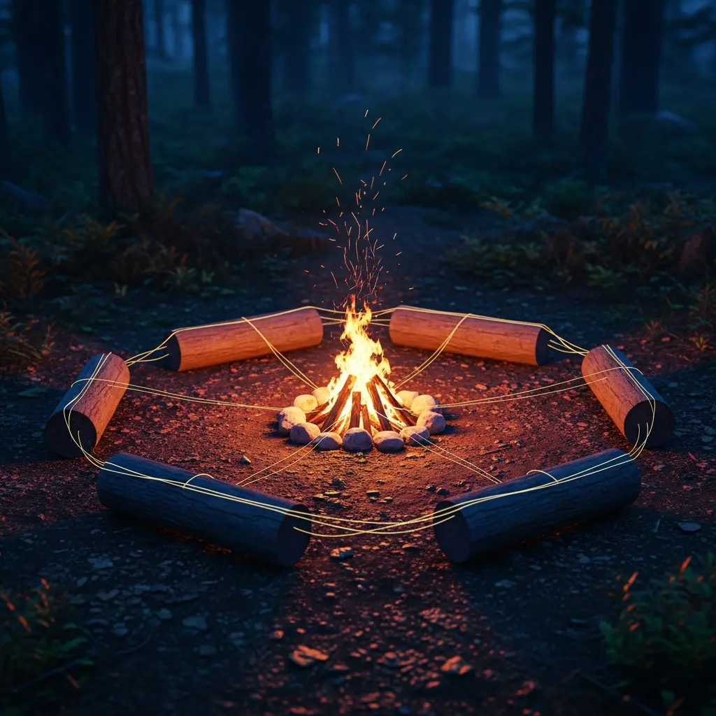 In der Mitte einer Waldlichtung glüht ein Lagerfeuer, umringt von sechs Holzscheiten. Das Feuerlicht atmet über die Erde und die stillen Blätter.