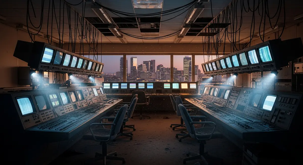 In der sanften Abenddämmerung stehen leere Stühle und stumme Monitore in einem schattigen Kontrollraum. Staub wirbelt auf, während der Sonnenuntergang die Stadt dahinter verwäscht.