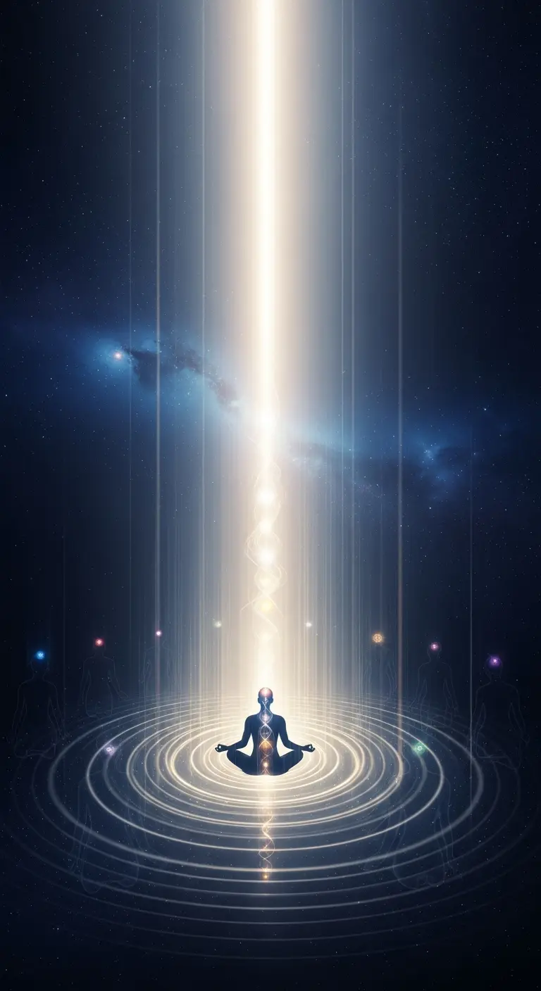 Eine Person meditiert im Schneidersitz inmitten von leuchtenden Kreisen, ein einziger strahlender Strahl senkt sich in eine ruhige, sternbeleuchtete Weite.