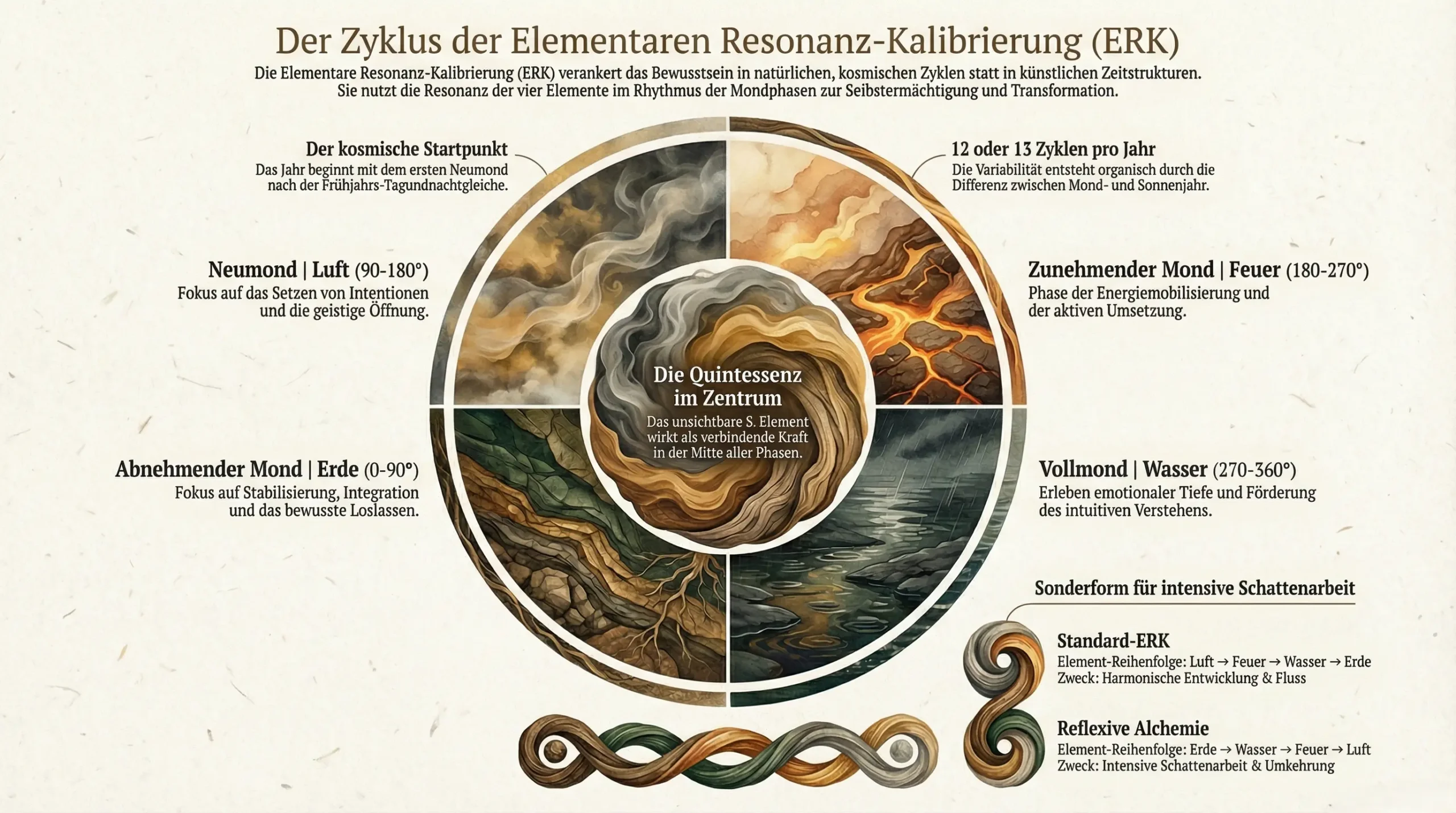 Das ERK System Ein Kreisdiagramm, Der Zyklus der Elementaren Resonanz-Kalibrierung, verbindet Luft, Feuer, Wasser und Erde; im Zentrum: Die Quintessenz im Zentrum.