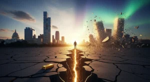 Eine Gestalt steht auf zerklüfteter Erde, die im Licht glüht, flankiert von Stadttürmen und Ruinen unter einer grünen Aurora. Gold ruht am Saum.