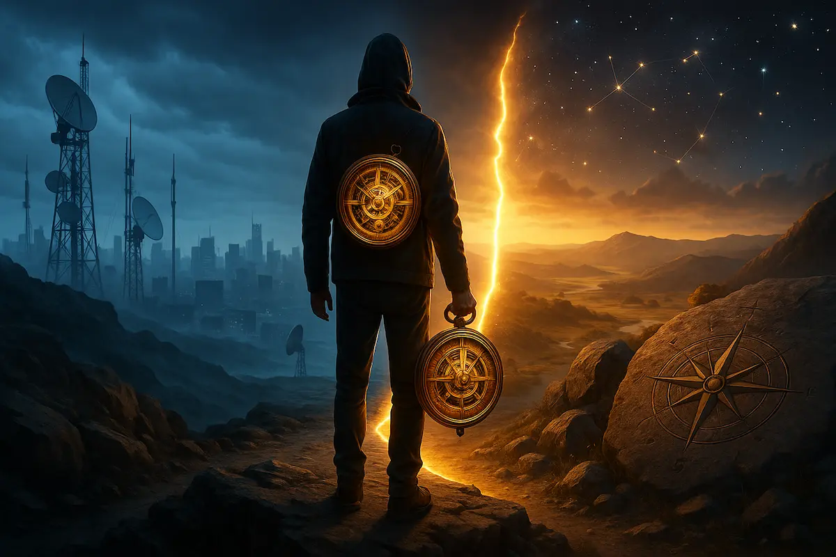 Eine vermummte Gestalt hält an der Schwelle zwischen schattigen Stadttürmen und leuchtendem, offenem Land inne. In ihren Händen ruht ein leuchtender Kompass, dessen Markierungen sich schwach auf ihrem Rücken spiegeln und neben ihnen in den stillen Stein gemeißelt sind.