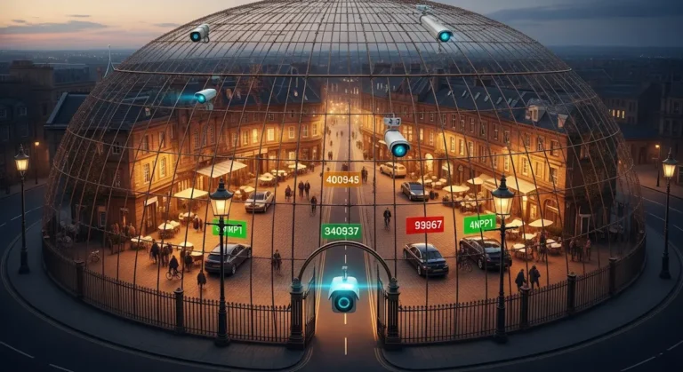 In der Abenddämmerung ruht eine Stadtstraße unter einer klaren Kuppel, die von sanften Zahlen und stummen Kameras beleuchtet wird, während die Autos vor dem Tor anhalten.