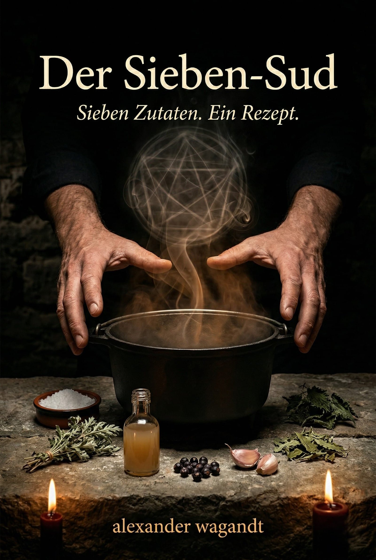 Der Sieben-Sud Die Hände halten über einem dampfenden schwarzen Topf auf einem Stein, umgeben von Kräutern, Salz, Trank und Beeren. Auf dem Buch steht: Der Sieben-Sud.