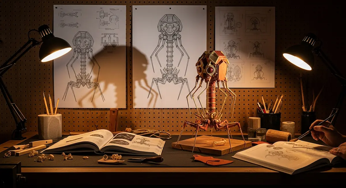 Der Virus Eine intime Szene am Schreibtisch: anatomische Skizzen von Insekten an der Wand, verstreute Bücher, ein gebasteltes Modell und ruhige Hände, die im Lampenlicht zeichnen.