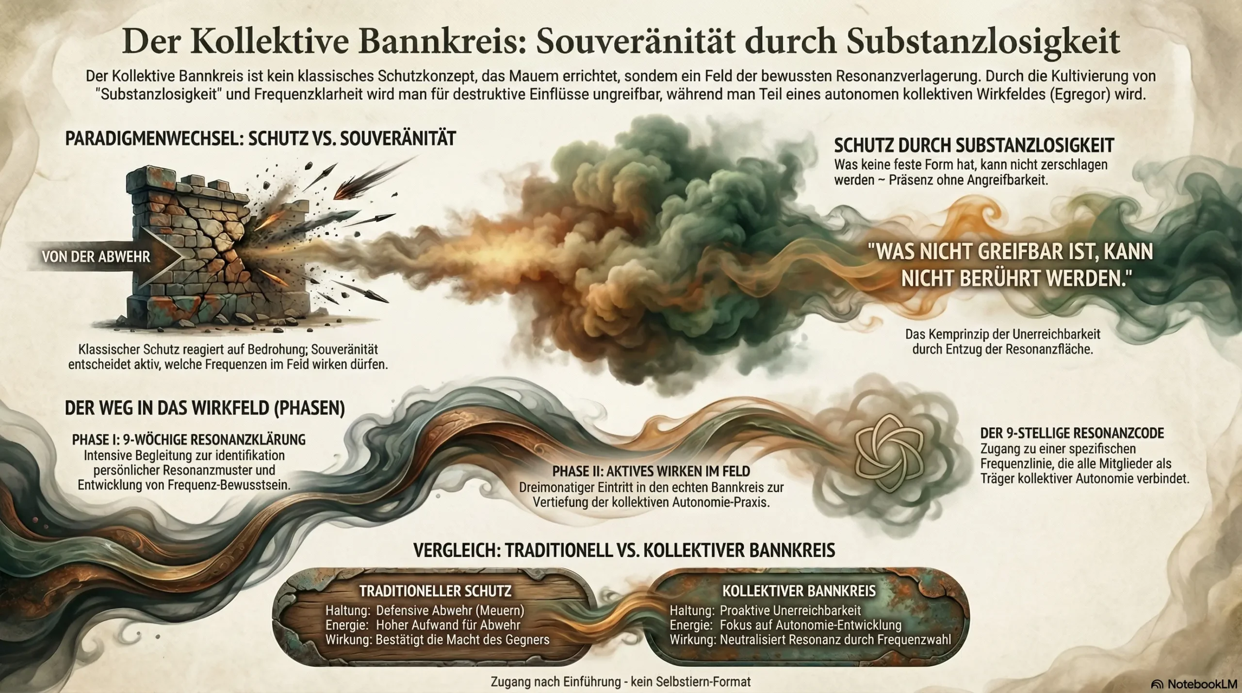 Der kollektive Bannkreis im Haus eXtraWagandt Ein Diagramm kontrastiert Schutzparadigmen: eine bröckelnde Mauer, fließende Wellen, vier Resonanzphasen und deutsche Erklärungen.