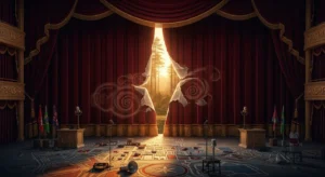 Sonnenbeschienene Bäume tauchen durch zerrissene rote Vorhänge auf einer Bühne auf, auf der Mikrofone, Fahnen und Papiere in einem stillen Durcheinander liegen.