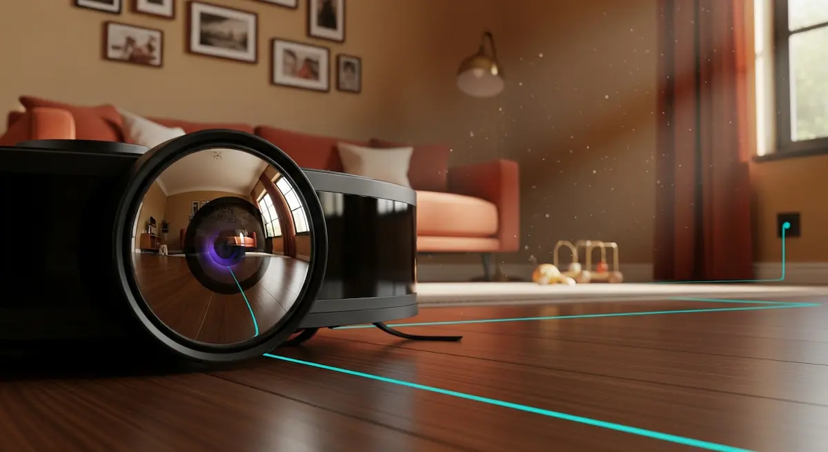 Ein Staubsaugerroboter gleitet durch blaues Licht auf poliertem Holz, eingerahmt von Sofa, Kunst, sanftem Lampenlicht und Sonnenlicht durch das Fenster.