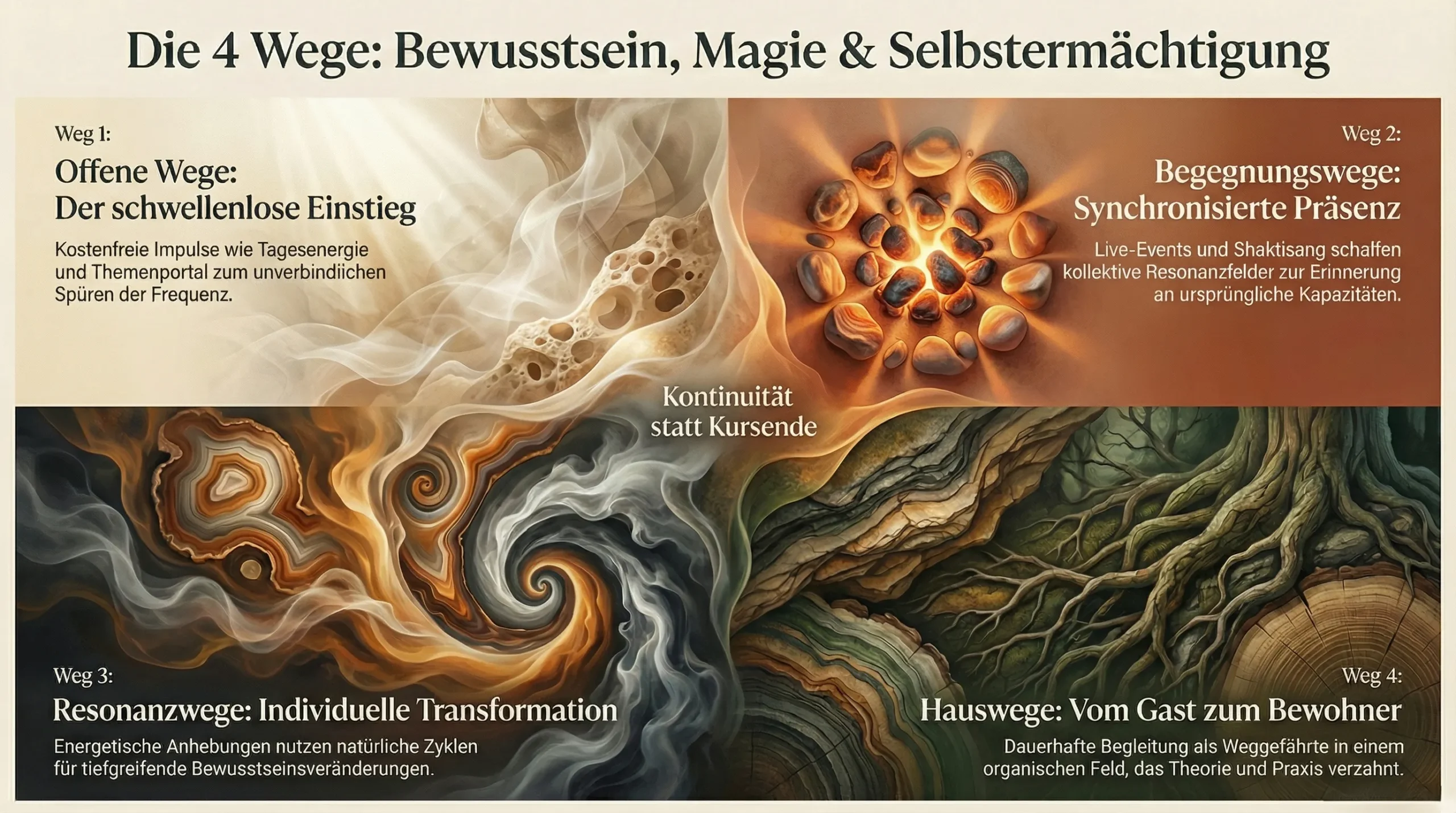 Die 4 Wege im Haus eXtraWagandt Eine deutsche Digitalgrafik mit dem Titel "Die 4 Wege" webt vier Wege der Selbstermächtigung durch sanfte, wirbelnde abstrakte Formen.