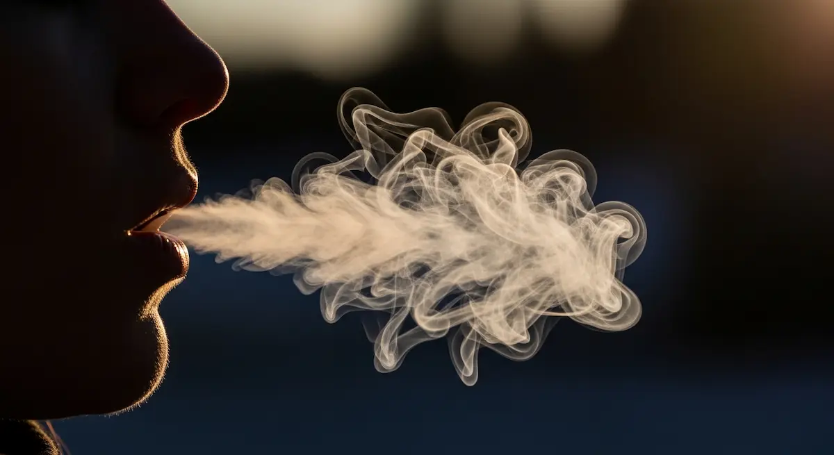 Im Profil atmet eine Person blasse D&auml;mpfe aus, deren Ranken sanft in einen schattigen, undeutlichen Hintergrund driften.