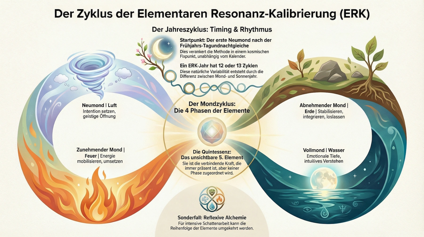 Deutsche Infografik zum "Zyklus der elementaren Resonanzkalibrierung": Feuer, Wasser und Erde in Verbindung mit Mondphasen und alchemistischem Timing.