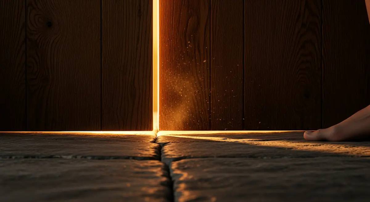 Goldenes Licht f&auml;llt durch eine teilweise ge&ouml;ffnete Holzt&uuml;r und wirbelt Staub und Schatten &uuml;ber den Stein, auf dem ein einzelner nackter Fu&szlig; leise verweilt.