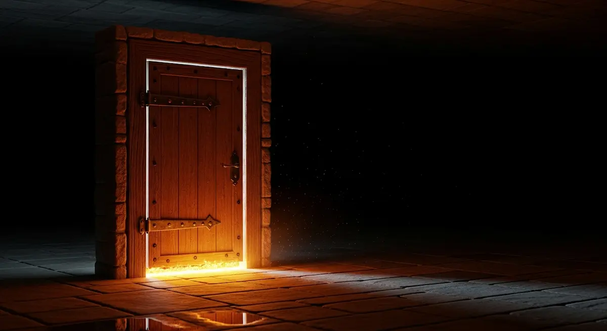 Eine hölzerne, mit Metallbändern versehene Tür steht in einem schummrigen, steinernen Raum einen Spalt breit offen, während goldenes Licht durch die Ritzen sanft auf den Boden fällt.