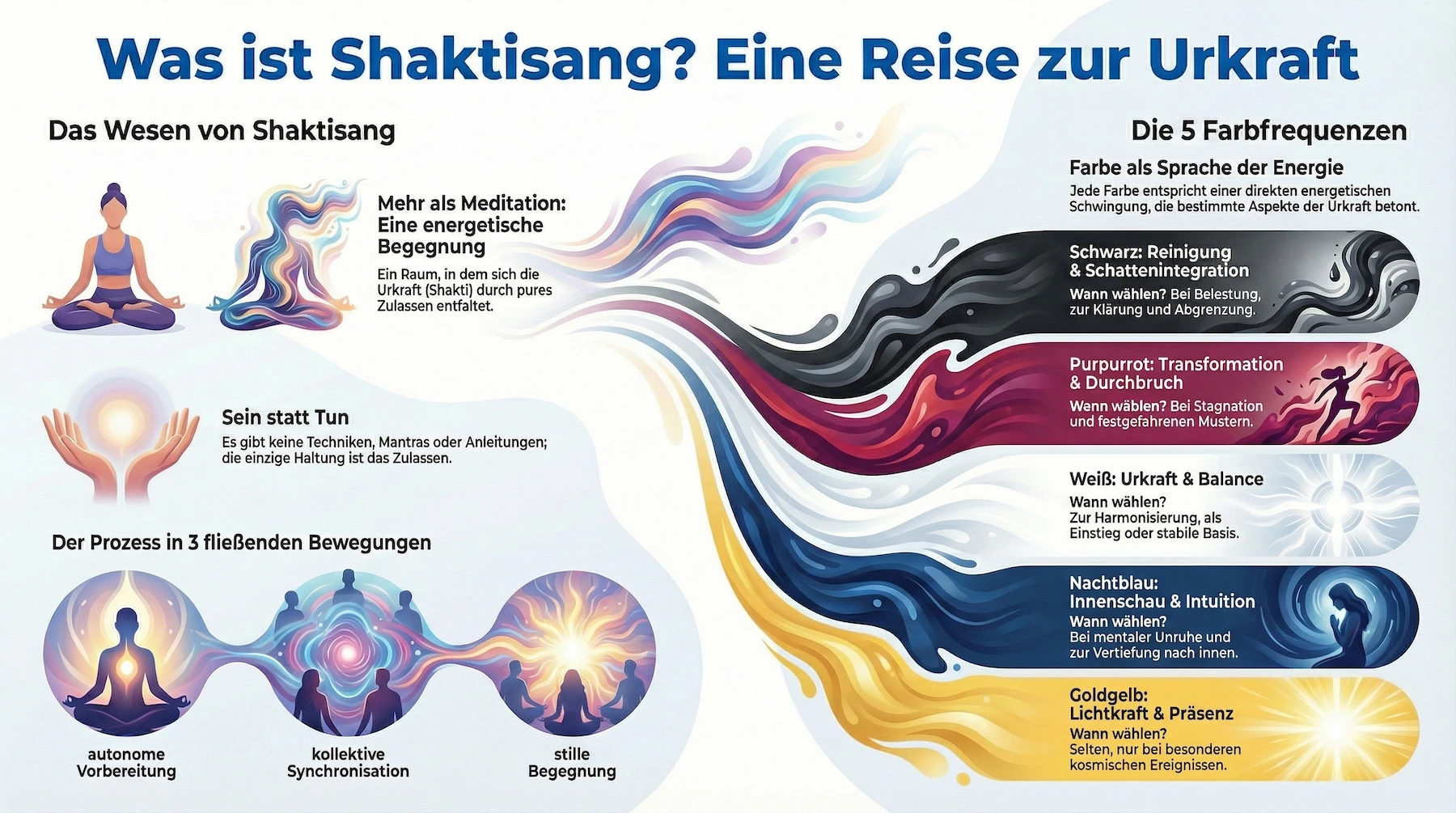 Die Struktur des Shaktisang Infografik zu Shaktisang: ruhige, meditierende Figuren, fließende Energieströme und fünf farbige Abschnitte, die achtsame Energien beleuchten.