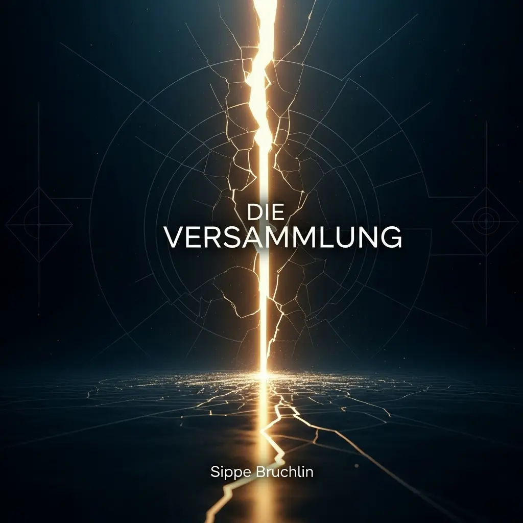 Die Versammlung Ein schmaler Lichtstrahl teilt eine dunkle, spiegelnde Fläche. In der Mitte steht "DIE VERSAMMLUNG", dahinter verweilen subtile geometrische Formen.