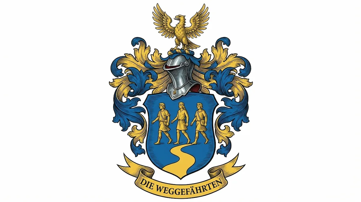 Ein blau-goldenes Wappen: ein von einem goldenen Adler gekrönter Helm, ein Schild mit drei Figuren auf einem Weg und das Spruchband DIE WEGGEFÄHRTEN.