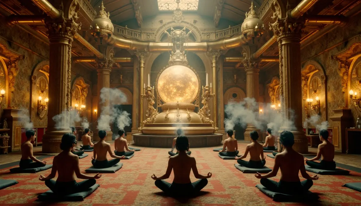 In einer vergoldeten Halle versammeln sich Figuren im Schneidersitz auf Yogamatten, goldenes Licht und Nebel steigen um eine strahlende kreisförmige Präsenz auf.