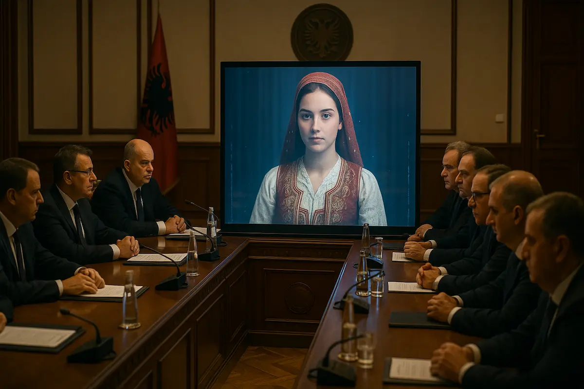 Beamte in maßgeschneiderten Anzügen versammeln sich an einem polierten Tisch und blicken auf einen Bildschirm, auf dem eine junge Frau mit rotem Kopftuch erscheint; hinter ihr leuchtet die albanische Flagge.