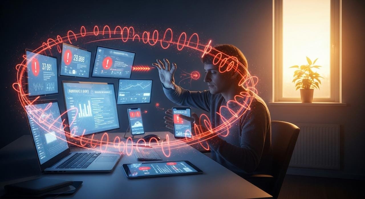 In einem ruhigen, schattigen Raum studiert eine Gestalt an einem Schreibtisch leuchtende, von rotem Licht umrahmte Datenbildschirme in der Nähe eines Fensters und einer Grünpflanze.