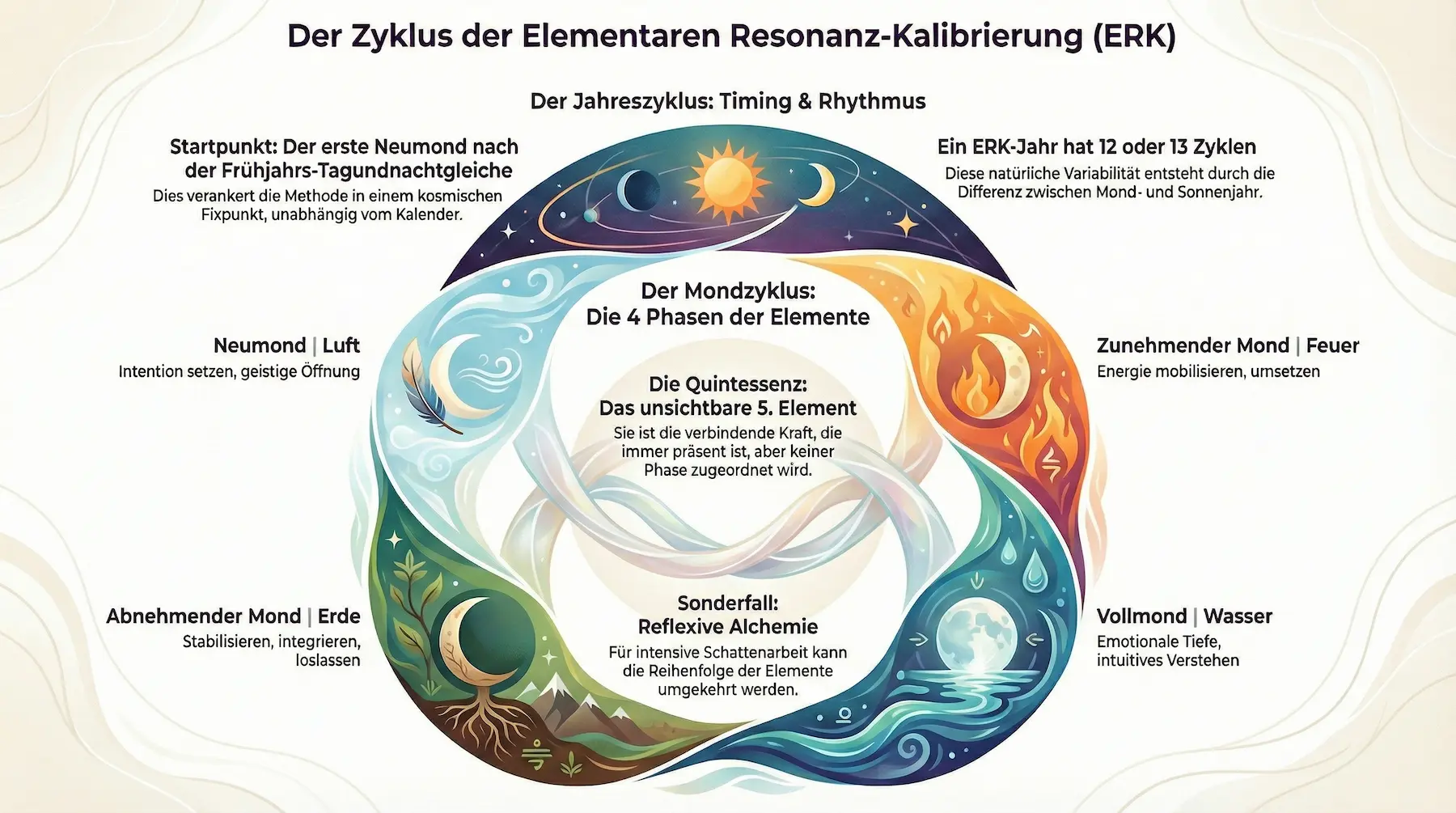 Ein rundes Diagramm ordnet Wasser, Feuer, Erde und Luft den Mondphasen und Jahreszeiten zu, deutsche Etiketten verankern jedes Symbol im Fluss der Zeit.