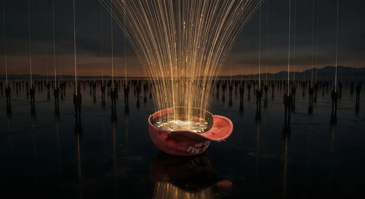 Egregor-Power Eine rote Eierschale, zerbrochen auf einer Spiegelebene, gibt goldenes Licht ab. Schattenhafte Gestalten stehen vor einem dunklen Himmel und fernen Gipfeln.