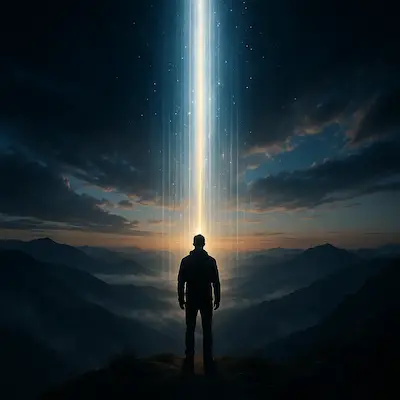 Eine einsame Gestalt steht in der Abenddämmerung auf einem Bergkamm, umrahmt von einer schmalen Lichtsäule, die in einen wolkenverhangenen Himmel ragt, der durch die stillen Formen der fernen Gipfel aufgeweicht wird.