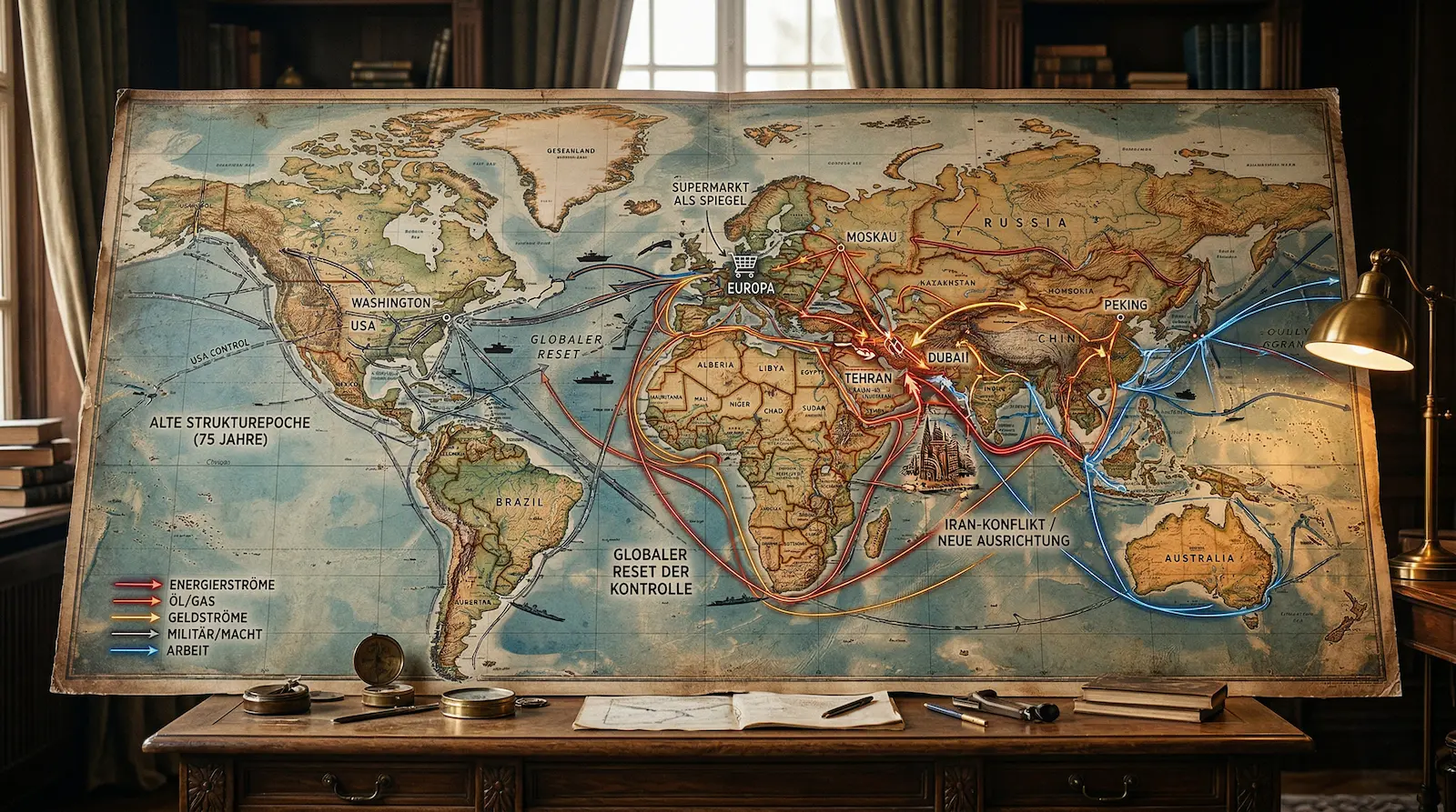 Eine alte Karte mit farbigen Routen und deutschen Beschriftungen liegt auf einem Schreibtisch mit Büchern, Lupe und Stiften. Dahinter verbergen sich Regale mit Büchern.