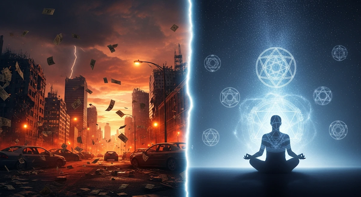 Ein geteiltes Bild paart brennendes Stadtgetümmel mit ruhiger Meditation, blauem Licht und geometrischen Formen, die eine stille Präsenz umhüllen.