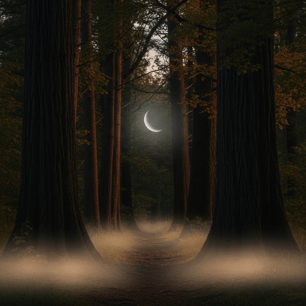 Feldbegleiter im Haus eXtraWagandt (2) Entlang eines Waldweges, wo schlanke Bäume und blasser Nebel eine durch die Äste schimmernde Mondsichel umrahmen, wird es Nacht.