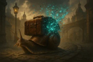 Nachts gleitet eine große Schnecke, die einen Koffer trägt, über das Kopfsteinpflaster. Blaue Scherben treiben nach oben, alte Gebäude und eine Straßenlaterne schauen zu.