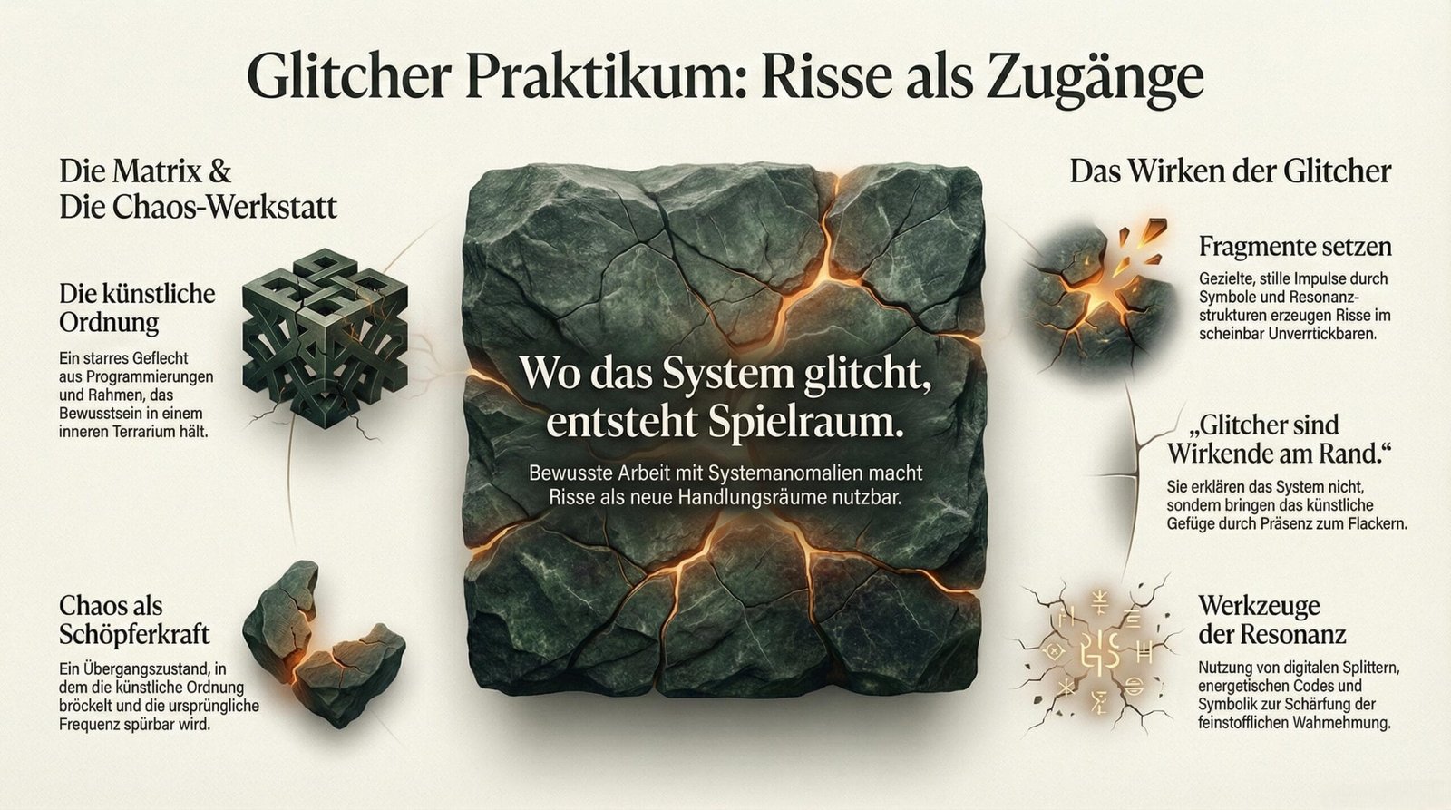 Glitcher-Werkstatt und Praktikum Deutsche Infografik: Ein Stein mit feinem Riss im Zentrum, von Worten umkreist. Links ruhen Würfel, rechts Fragmente und Kreise.