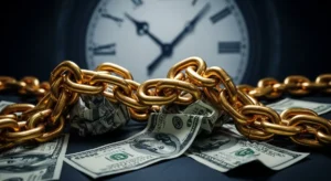 Eine schwere Goldkette ruht auf übereinander liegenden Dollarscheinen, während dahinter eine große Uhr mit weichen Zeigern die Zeit anzeigt.