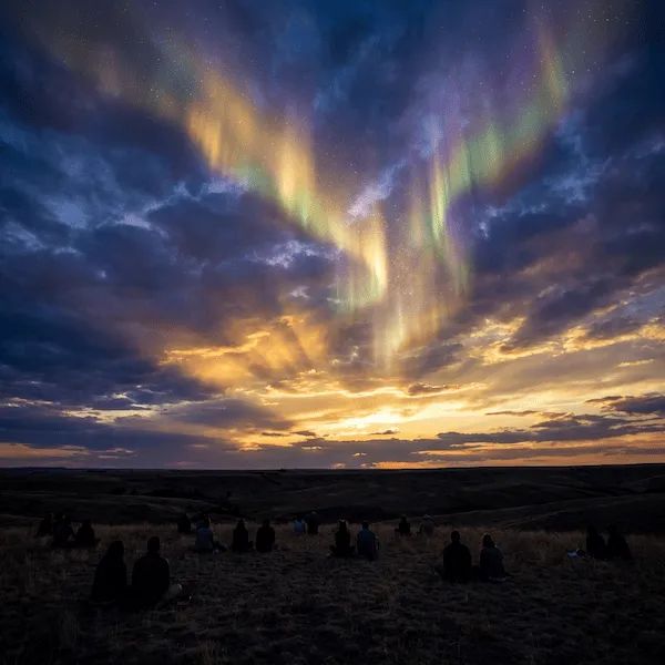 Goldgelber Shaktisang (600) Wenn sich die Dämmerung über ein ebenes Feld legt, sitzen die Menschen still da und betrachten die treibenden Wolken und leuchtenden Polarlichter, die sich über den Himmel bewegen.