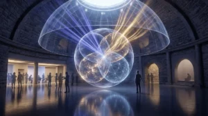 In einer steinernen Halle unter einer gewölbten Decke versammeln sich Menschen um eine leuchtende Kugel, auf die sanft farbiges Licht strahlt.