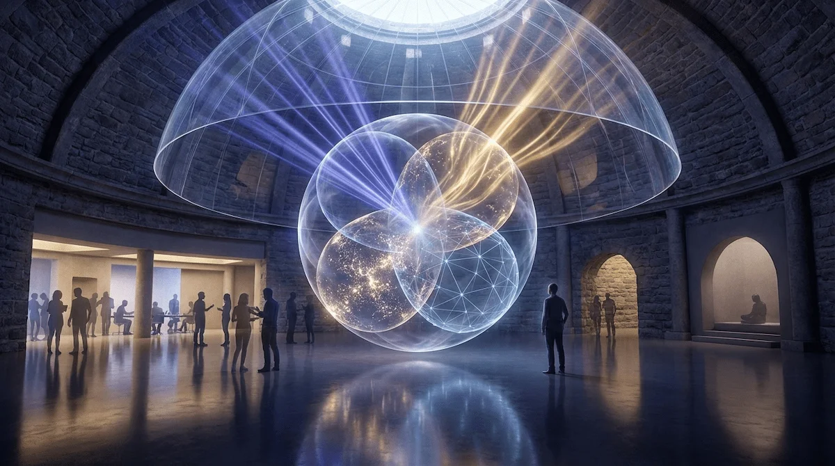 In einer steinernen Halle unter einer gewölbten Decke versammeln sich Menschen um eine leuchtende Kugel, auf die sanft farbiges Licht strahlt.