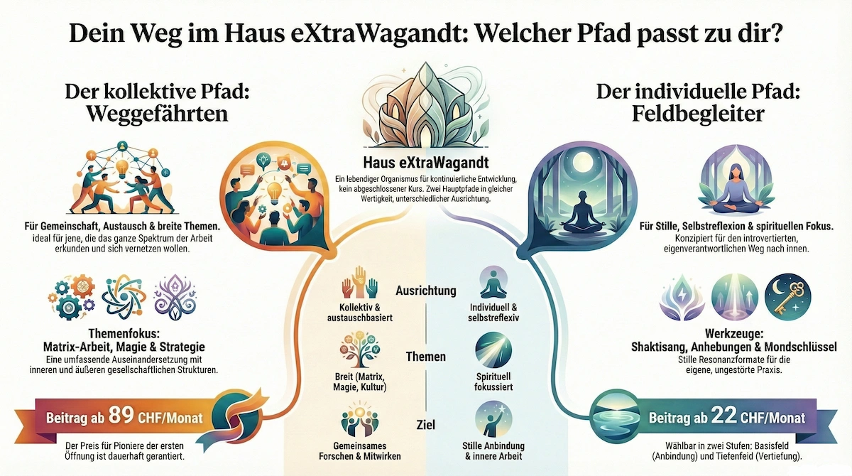 Deutsche Infografik kontrastiert den gemeinsamen Weg ("Weggefährten") und den einsamen Weg ("Feldbegleiter"); sanfte Icons, Details, Preise.