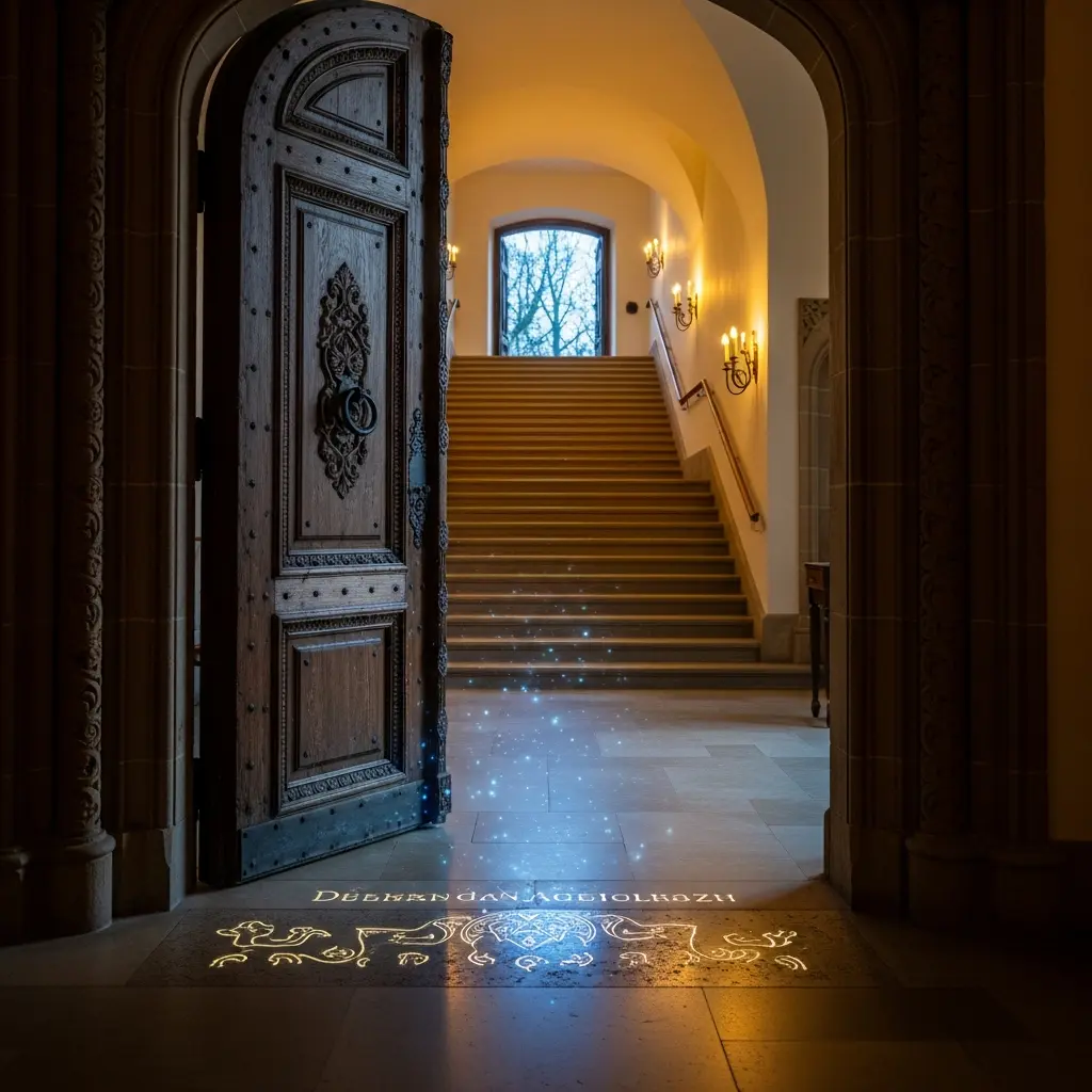 Eine offene Holztür gibt den Blick frei auf eine Halle mit Steinboden, verzierten Treppen und Wandleuchten. Blaue Glyphen leuchten auf dem Boden der Schwelle.