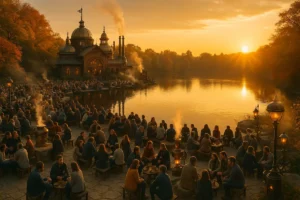 Bei Sonnenuntergang speisen die Menschen an einem ruhigen See, während Rauchschwaden aufsteigen und die Kuppeln zwischen den dunkler werdenden Bäumen über dem Wasser schimmern.